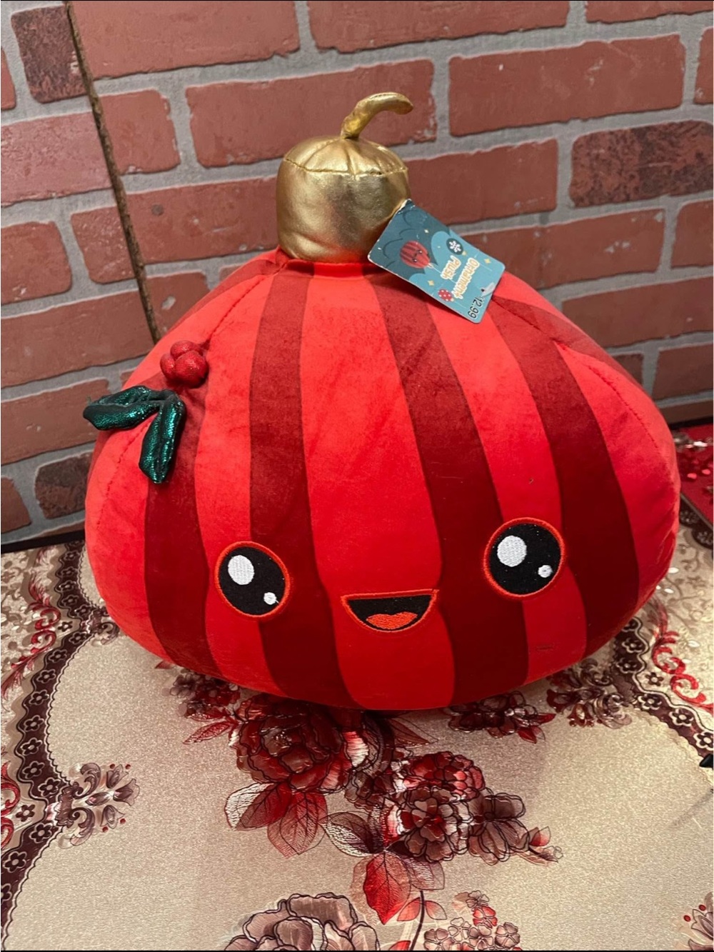 Plush Red Pumpkin Decorative Pillow with Gold Stem